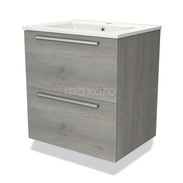 Compacte grijze badkamerkast met twee lades, houten look en geïntegreerde wastafel; ideaal voor moderne badkamerinrichting.