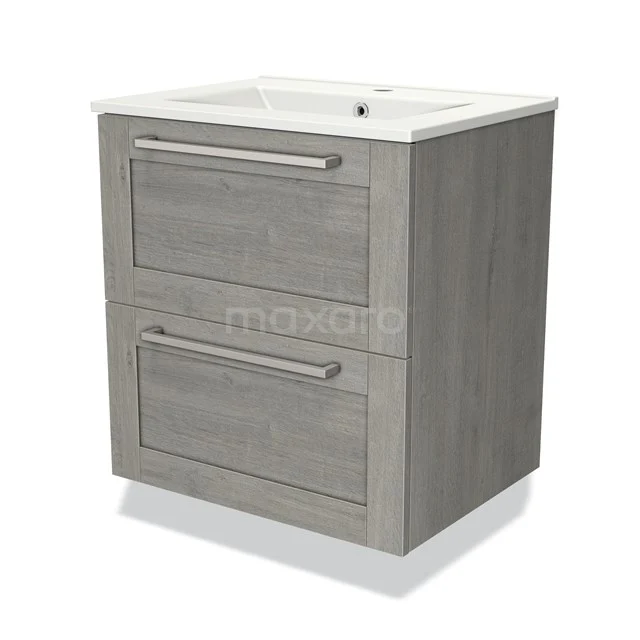 Grijze badkamerkast met twee lades en keramische wastafel, modern design, ideaal voor stijlvolle badkameropbergruimte.