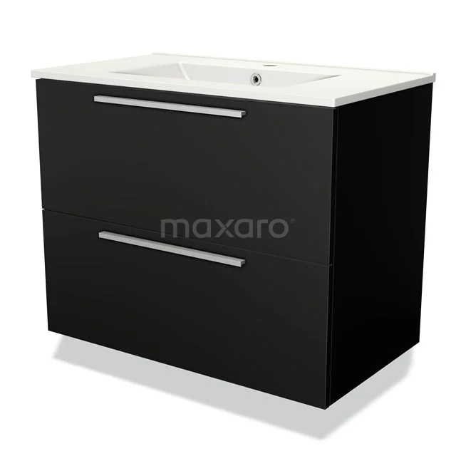 Black bathroom cabinet with two drawers, chrome handles and white ceramic basin; modern and sleek design.