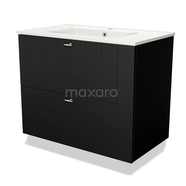 Black vanity unit with two drawers and ceramic white basin, ideal for modern bathroom storage.