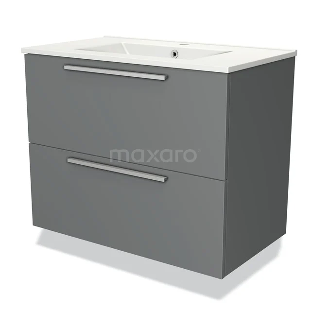 Grey bathroom unit with two drawers, white vanity units with basin and sleek metal handles, ideal for modern bathroom design.