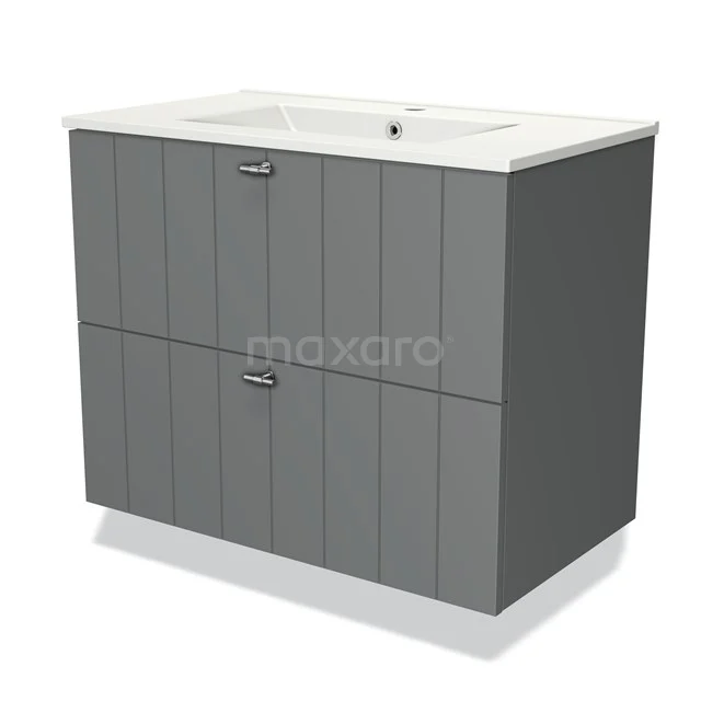 Bathroom cabinet in grey with integrated basin, modern rib structure and two drawers for practical storage space.