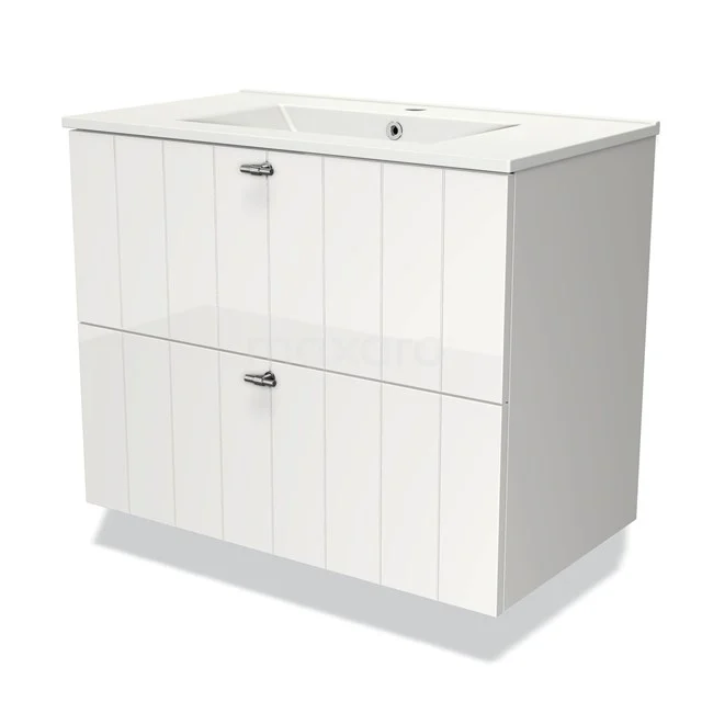 Wit badkamermeubel met twee lades, moderne lamellenafwerking, keramische wastafel en chromen handgrepen.