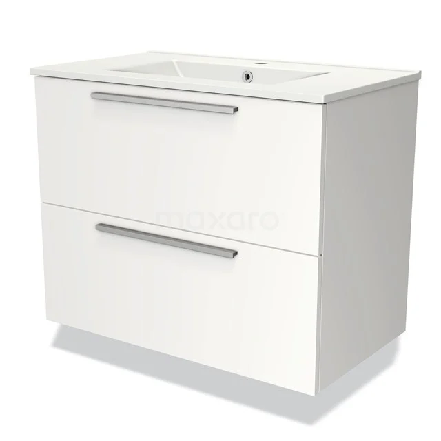 Moderne wit-wastafelmeubel met twee lades en chromen grepen, ideaal voor stijlvolle badkameropslag.