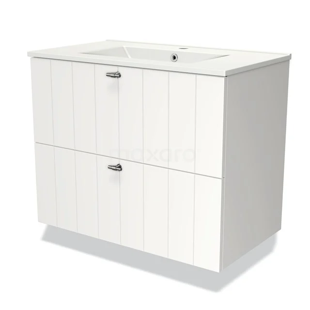 Witte badkamermeubel met twee lades, verticale lijnen, en keramische wastafel. Perfect voor een moderne badkamerstijl.