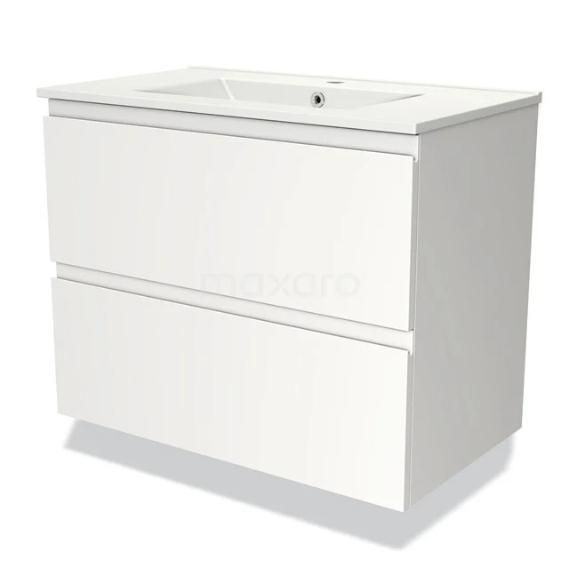 Wit hangend badkamermeubel met twee lades, modern design, hoogglans afwerking, inclusief wastafel van keramiek.