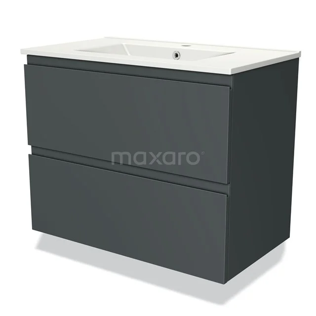 Anthracite-grey bathroom furniture set with two drawers and white ceramic basin, sleek design for modern bathrooms.