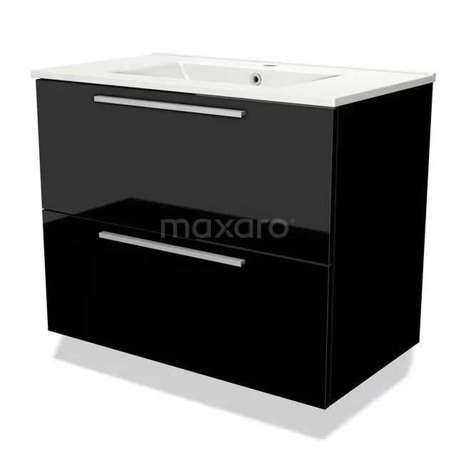 Zwarte glanzende wastafelmeubel met dubbele lades, wit keramische wastafelblad, ideaal voor een moderne badkamerstijl.