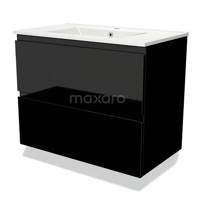 Zwarte badkamermeubel met hoogglans afwerking en witte wastafel, modern design met dubbele lades voor badkameropslag.