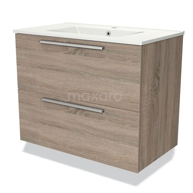 Houten badkamermeubel met twee lades, modern design, eikenlook en geïntegreerde wastafel in witte keramiek.