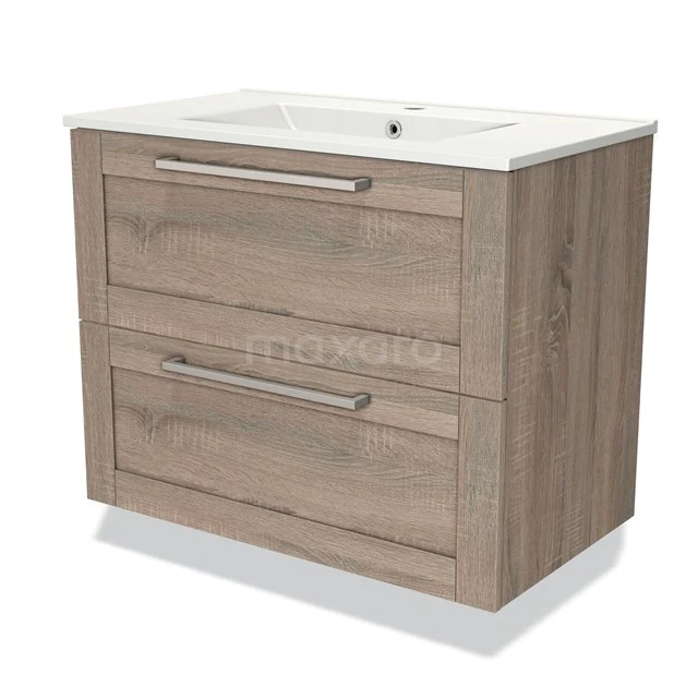 Wooden Bathroom unit with two wide drawers, modern stainless steel handles and white ceramic basin, ideal for any bathroom.