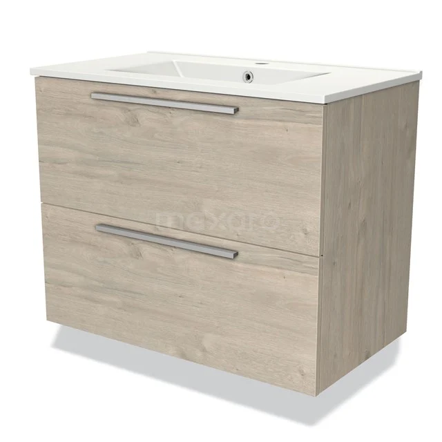 Modulo Vanity units with basin | 80 cm Light grey oak Flat front Ceramic 2 Stacked drawers BMW17-03104