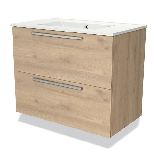 Wooden Bathroom unit with two drawers, light oak colour, ceramic basin and modern handles, ideal for stylish bathrooms.