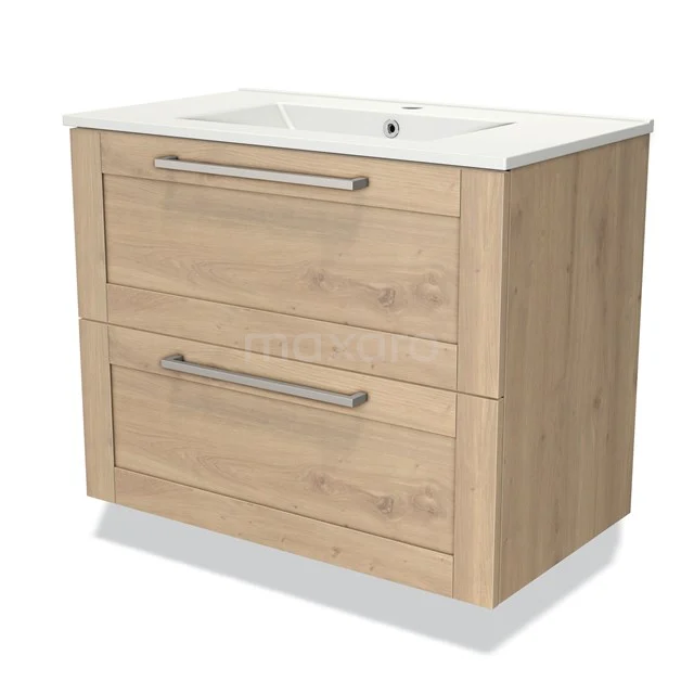 Houten badkamermeubel met twee lades, moderne zilveren handgrepen en witte wastafel, ideaal voor een stijlvolle badkamer.