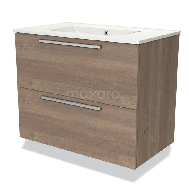 Wooden bathroom unit with two drawers, modern handles and white ceramic basin, ideal for stylish bathroom design.