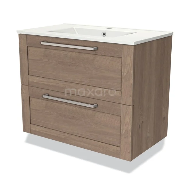 Modulo Bathroom furniture with sink | 80 cm Mid brown oak Bordered front Ceramic 2 Stacked drawers BMW17-03109 Wooden bathroom unit with two drawers, white ceramic basin and sleek silver handles for a modern bathroom style.