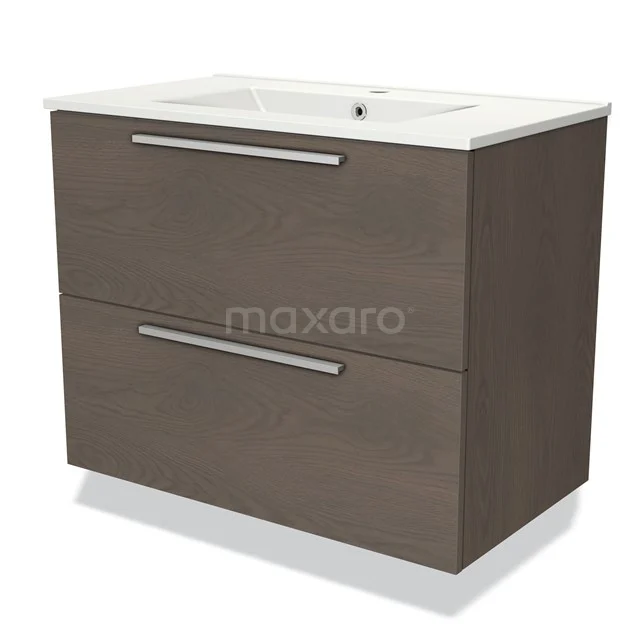 Brown wooden bathroom unit, two drawers with metal handles, white ceramic basin, sleek modern design.