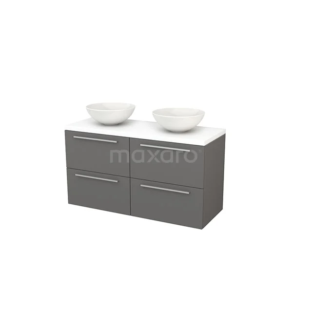 Graue Badmöbelset mit Doppelwaschbecken, weißen Keramikschalen und Softclose Schubladen, modernes Design.