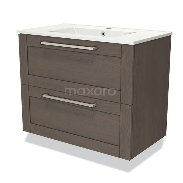 Wooden bathroom unit with dark brown finish, two drawers and a white ceramic vanity units with basin. Modern and functional design.