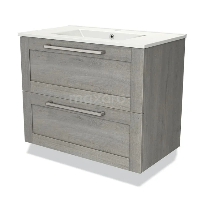 Grijze houten badkamermeubel met twee lades, modern design en geïntegreerde wastafel, ideaal voor stijlvolle badkamers.