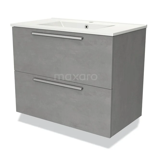 Grey bathroom unit with two drawers, sleek design, plastic fronts and integrated vanity units with basin.