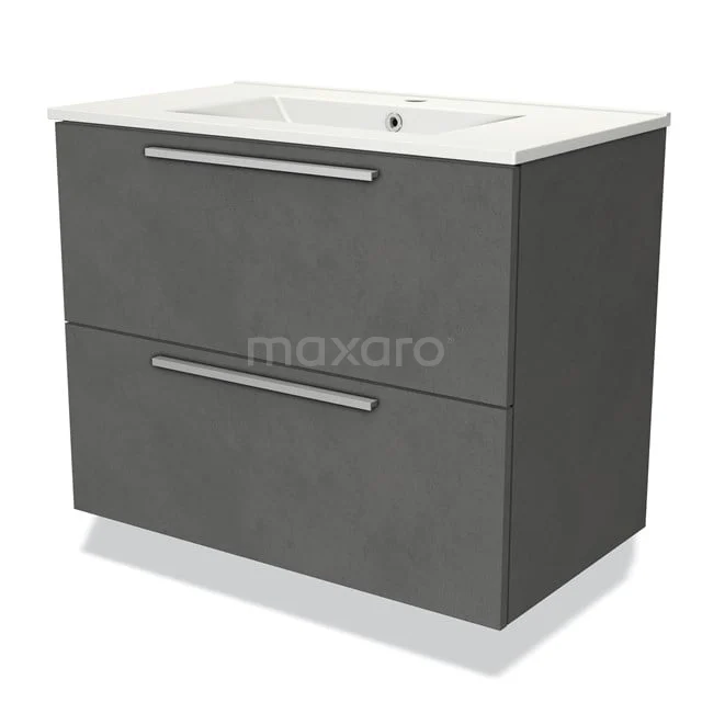 Graue Badmöbelset mit zwei Schubladen, schlankem Design und keramischem Waschbecken, ideal für moderne Bäder.