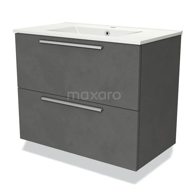 Grijze badkamermeubelset met twee lades, strak design en keramische wastafel, ideaal voor moderne badkamers.