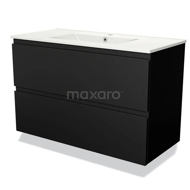 Zwart badkamermeubel met twee lades en wit wastafelblad, strak ontwerp ideaal voor moderne badkamers.