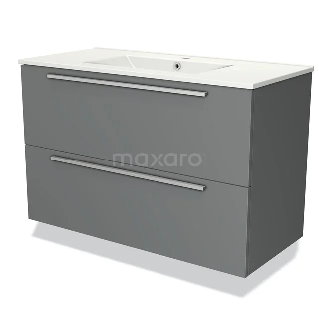 Badmöbel 100cm Modulo Mittelgrau 2 Schubladen Flaches Waschbecken aus Keramik BMW17-03119 Graue Badmöbelset mit zwei Schubladen, modernen geraden Linien und einer weißen keramischen Waschtischplatte.