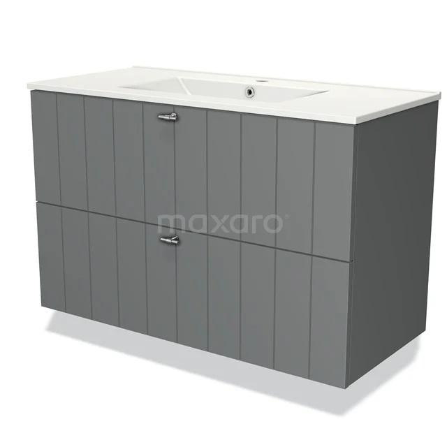 Grijze badkamermeubelset met twee lades, verticale lijnen, een witte wastafel en chroomhandgrepen, modern en strak design.