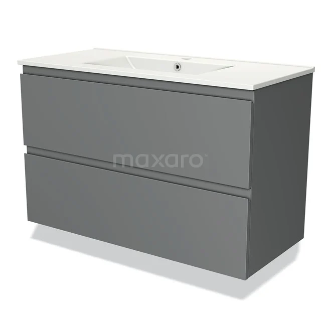 Grijze badkamermeubel met twee lades, modern ontwerp, keramische wastafel en mat afgewerkt, ideaal voor eigentijdse badkamers.