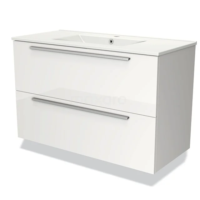 Wit badkamermeubel met twee lades en geïntegreerde wastafel, modern design, glad oppervlak, ideaal voor stijlvolle badkamers.