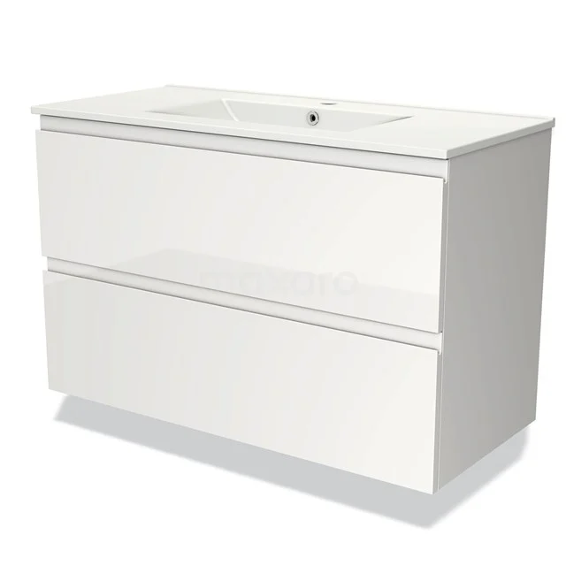 White vanity unit with two drawers, modern finish, ideal for bathroom storage and stylish decor.