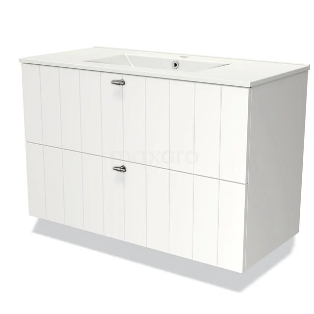 Weißes Badezimmermöbel mit doppelter Schublade, Holzoptik-Paneelen und integriertem Waschbecken, perfekt für moderne Bäder.