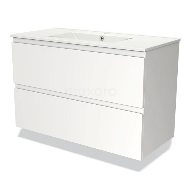 Wit badkamermeubel met twee lades, moderne strakke afwerking, voorzien van geïntegreerde wastafel voor een frisse uitstraling.