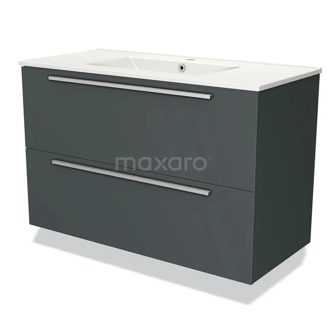 Anthracite-grey bathroom cabinet with two drawers, ceramic basin and sleek chrome handles. Modern design.