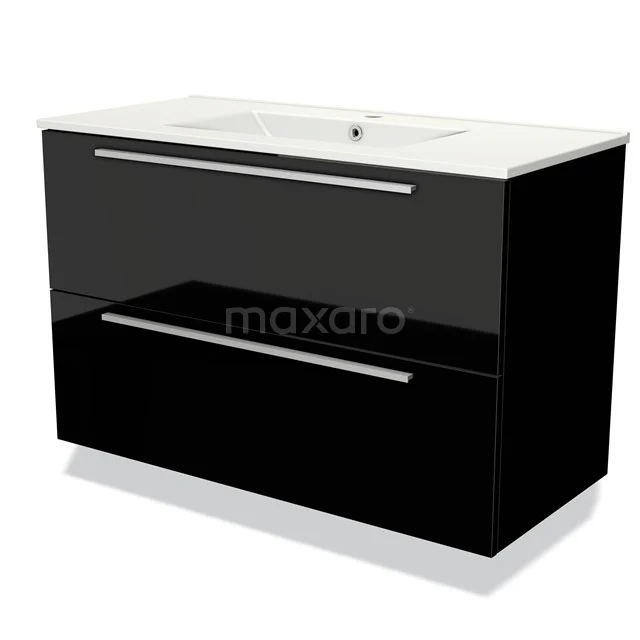 Schwarzes Badmöbel mit Hochglanzoberfläche, zwei Schubladen und einem weißen Keramik-Waschbecken; modernes und schlichtes Design.