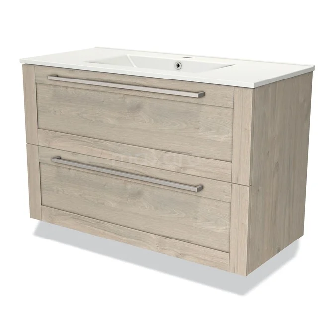 Houten badkamermeubel met twee lades, elegante handgrepen en een wit wastafelblad, ideaal voor moderne badkamers.