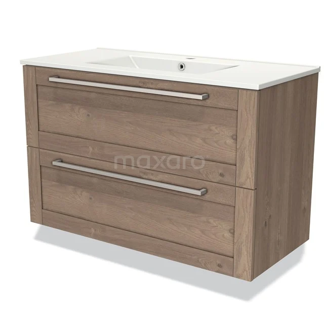 Wooden bathroom unit in oak look with two drawers, white vanity units with basin and metal handles, ideal for modern bathrooms.
