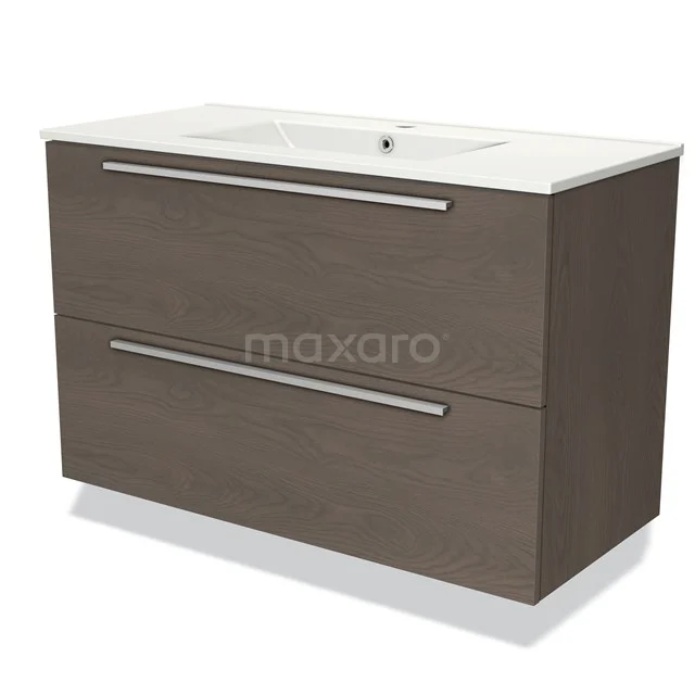 Modern wooden bathroom unit with two drawers, white vanity units with basin and sleek metal handles. Perfect for a stylish bathroom.