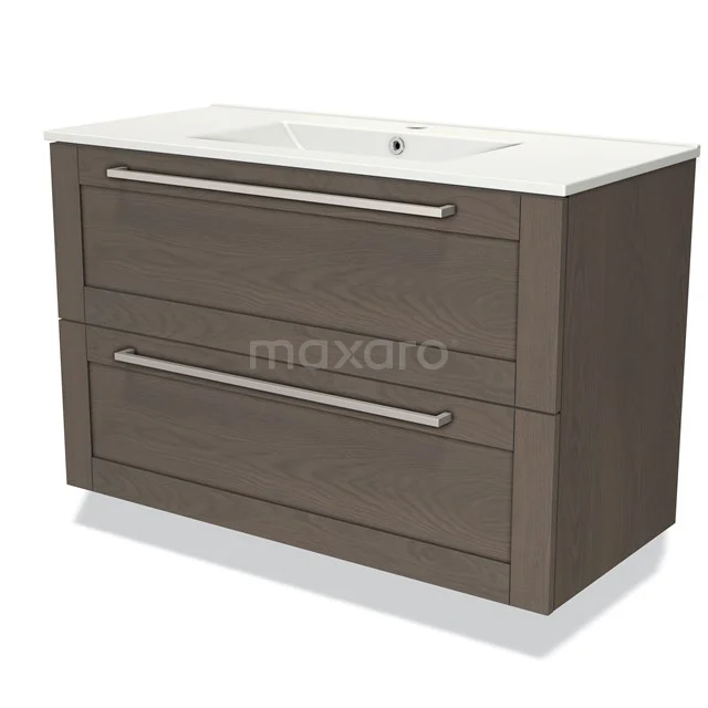 Modulo Waschtische | 100 cm Dunkelbraune Eiche Rahmen front Keramik 2 übereinanderliegende Schubladen BMW17-03143 Moderne Holz-Badmöbel mit zwei breiten Schubladen, weißem Keramik-Waschbecken und schlichten Haltegriffen, perfekt für jedes Badezimmer.
