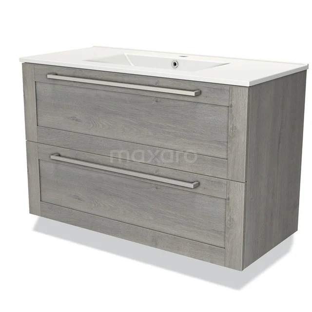 Grijze houten badkamermeubel met twee lades, RVS handgrepen en witte keramische wastafel, modern en functioneel design.