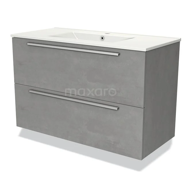Grijze badkamermeubelset met betonlook, twee lades en geïntegreerde wastafel; modern ontwerp voor een stijlvolle badkamer.