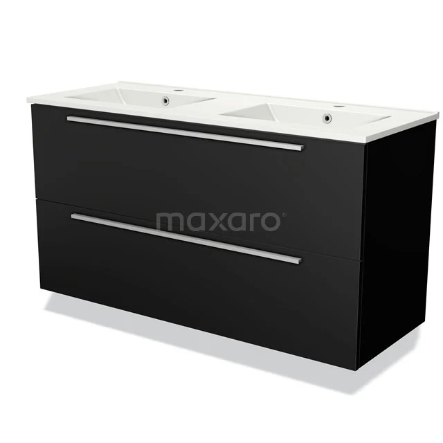Zwarte dubbele wastafelmeubel met strakke handgrepen, witte keramische wasbak en modern ontwerp, perfect voor stijlvolle badkamers.