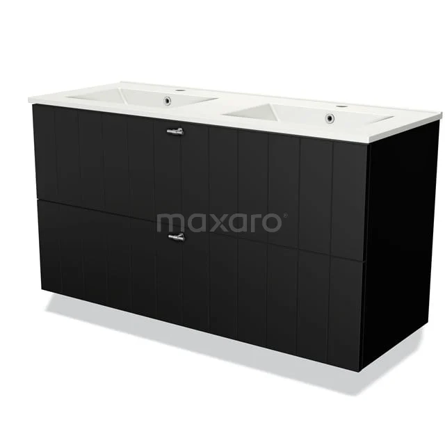 Black double vanity unit with white ceramic countertop wash basins, modern design ideal for luxury bathroom set-ups.