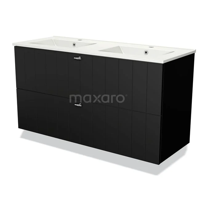 Zwarte dubbele wastafelmeubel met witte keramische waskommen, modern design ideaal voor luxe badkameropstellingen.