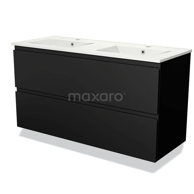 Zwarte badkamerkast met twee witte wastafels, modern design, softclose lades, ideaal voor stijlvolle badkameropslag.