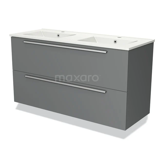 Grijze dubbele wastafelmeubel met witte keramische spoelbak, strak design en metalen handgrepen, perfect voor moderne badkamers.