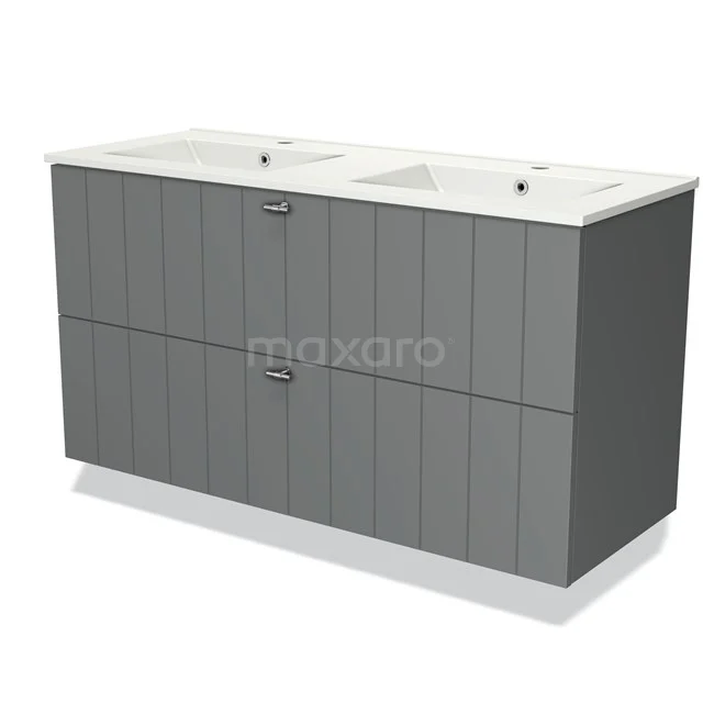 Grijze badkamermeubel met dubbele wastafel, moderne panelen en softclose-lades, perfect voor stijlvolle badkameropslag.