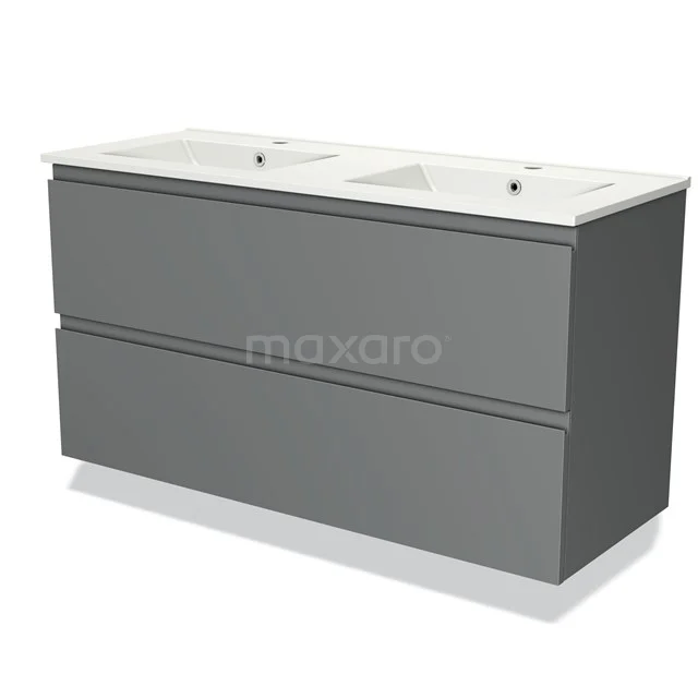 Grey double basin vanity unit, modern design, with ceramic basin and drawers, ideal for contemporary bathrooms.